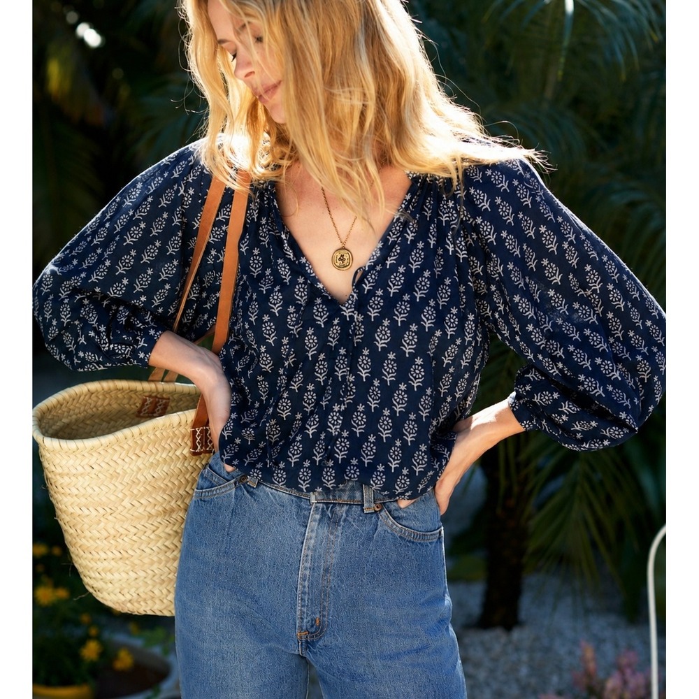 Emerson Fry India Collection Heritage Top Block Print Navy XS Coastal Boho